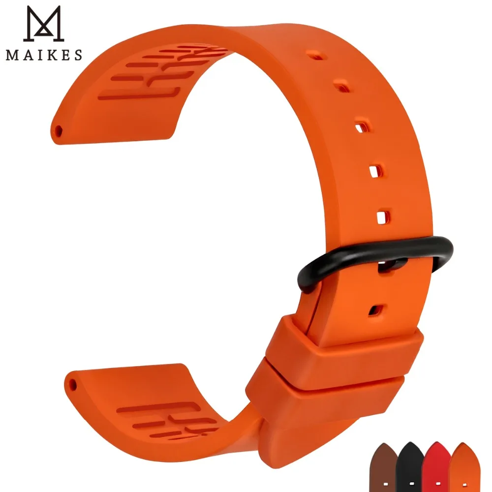 MAIKES Premium Orange Sport Rubber Watch Strap with Black Buckle
