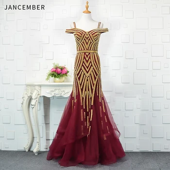 

JANCEMBER Heavy Evening Dresses Boat-Neck Beading Crystal Draped Pattern Sleeveless Spaghetti Strap Court Train Mermaid فستان س
