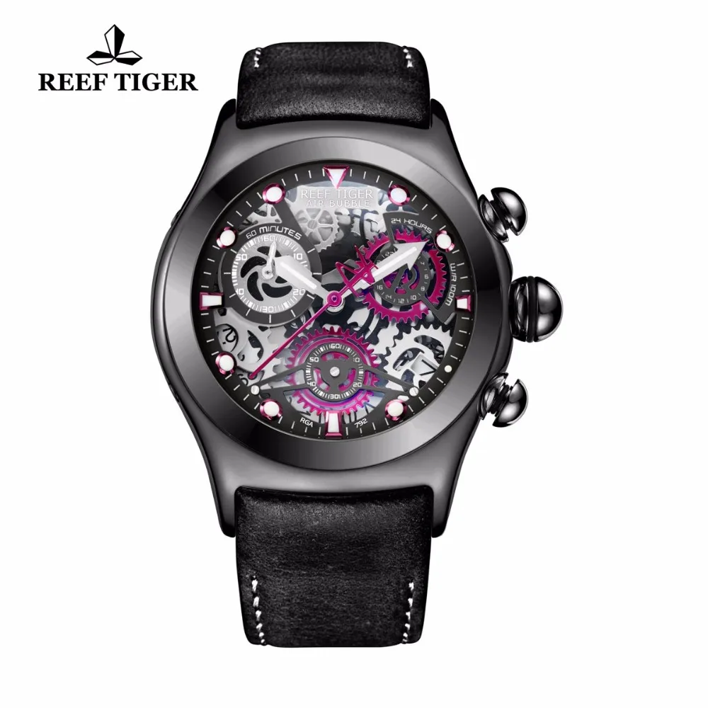 

2019 Reef Tiger Brand Luminous Sport Watch Men Fashion Skeleton Black Genuine Leather Waterproof Watches Clock Men Gift RGA792