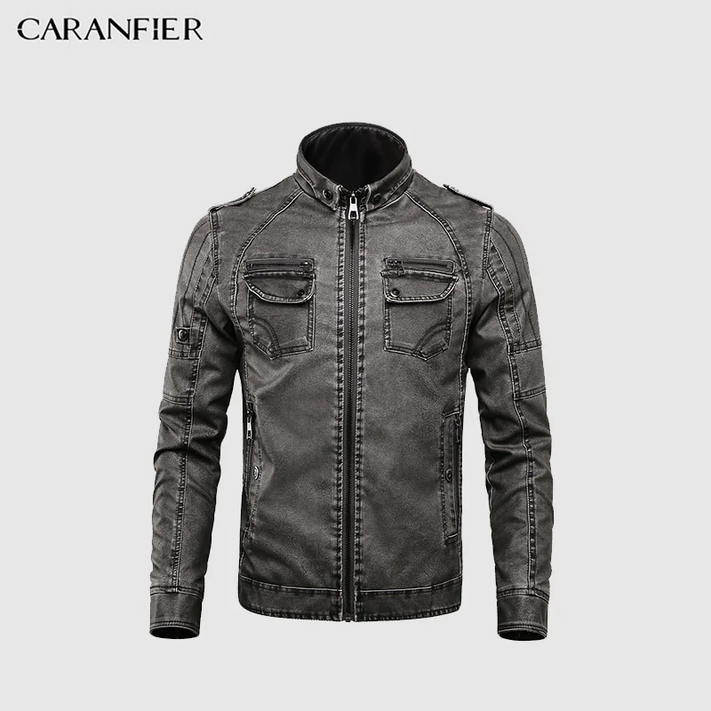 Куртка CARANFIER мужская из моющейся кожи утепленная Байкерская куртка