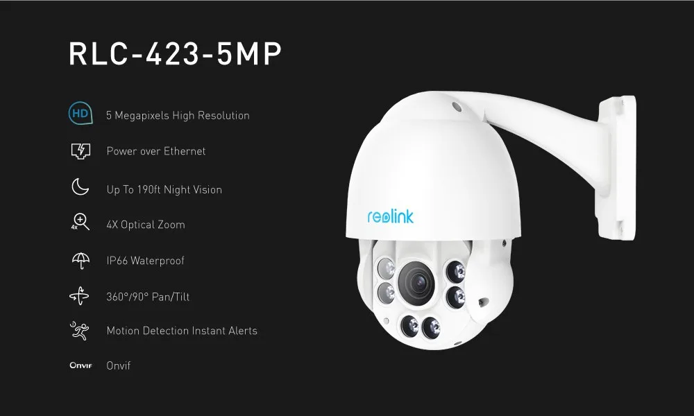 Reolink PTZ IP Camera PoE 5MP Pan/Tilt 4x Optical Zoom HD Outdoor Motorized Lens Security Cam RLC-423-5MP