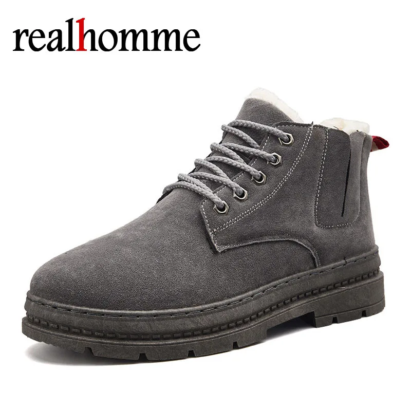 

RealHomme PU Leather Martin Boots Male For Men Shoes Adult 2018 Winter Warm Comfortable Short Plush Casual Men's Footwear