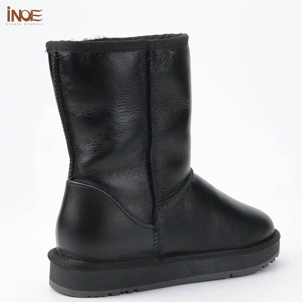 Baratos INOE Classic piel de oveja forrado de piel y lana botas de invierno a media pantorrilla para mujer botas de nieve básicas zapatos impermeables negro gris