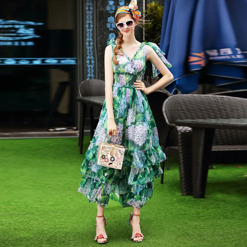 Hoge kwaliteit 2017 designer Fashion runway lange jurk V-hals mouwloze groen blad afdrukken Cascading Ruffle Casual Maxi jurk Hoge kwaliteit 2017 designer Fashion runway lange jurk V-hals mouwloze groen blad afdrukken Cascading Ruffle Casual Maxi jurk