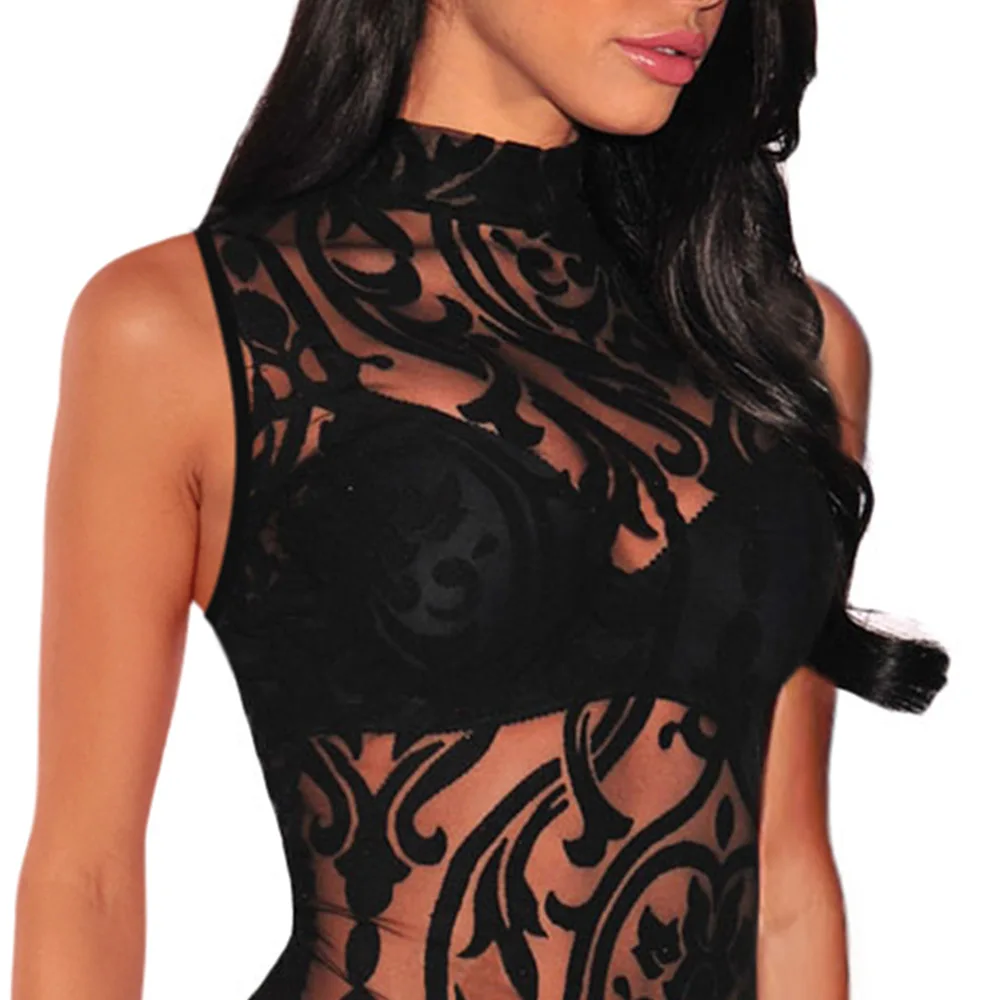Sexy Women Rompers Skinny Black Sheer Mesh Print Sleeveless bodysuit 2019 Female Geometric Velvet Transparent Body Plus Size Top Sexy Women Rompers Skinny Black Sheer Mesh Print Sleeveless bodysuit 2019 Female Geometric Velvet Transparent Body Plus Size Top