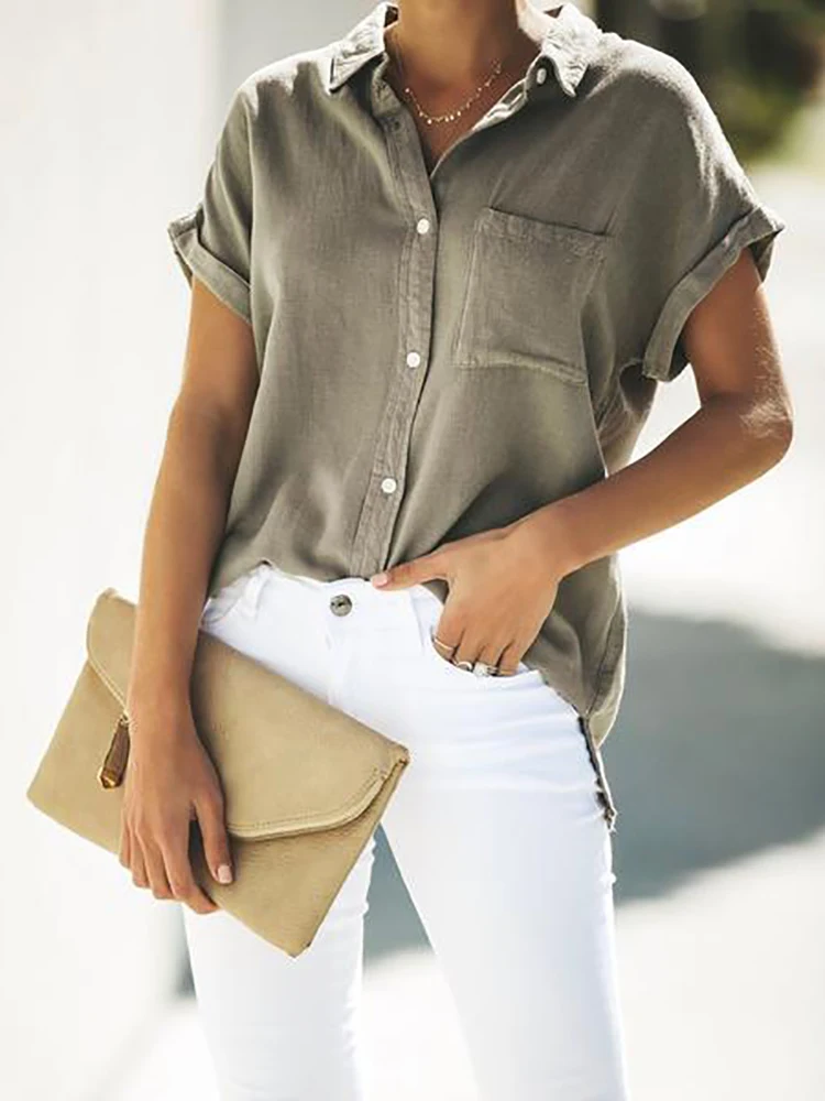 Хлопковая и льняная однобортная женская рубашка с карманами летняя футболка с коротким рукавом и отложным воротником повседневные офисные женские топы