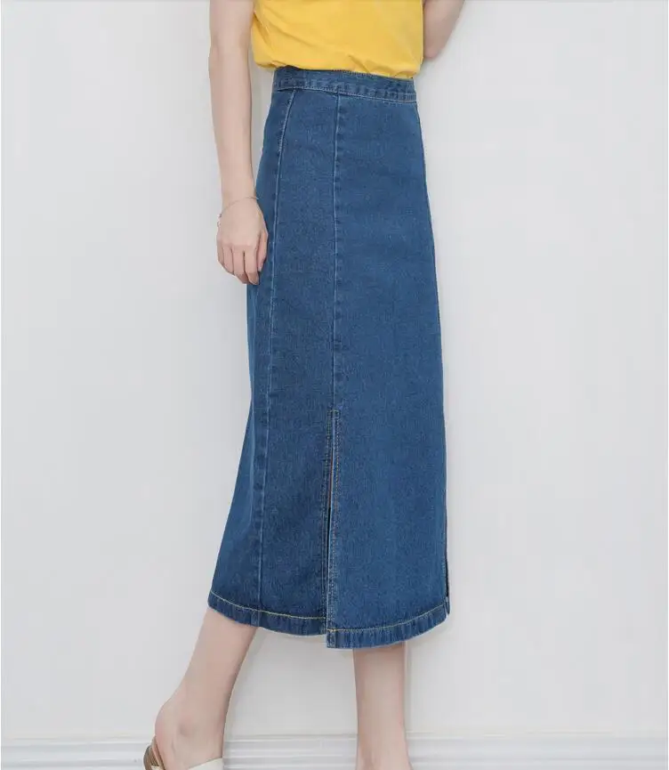 2019 сезон: весна–лето женский Высокая талия прямые однотонные юбки черный синяя джинсовая юбка Для женщин Разделение джинсы Saias S-XL