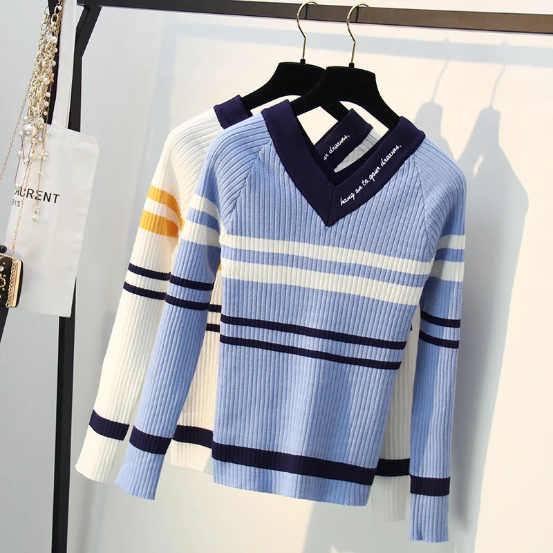

Knitted Sweaters Fashion 2018 Women Chic Korean Letter Embroidery V-neck Color Block Striped Long-sleeved Sweater Tops Pullover