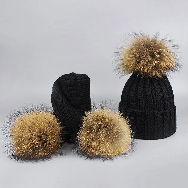 2 шт Девочка Мальчик Pom Beanie шапка теплые вязаные с помпоном натуральный мех помпон наборы шарф шапка Дети Детские Зимние шапки кости - Цвет: R