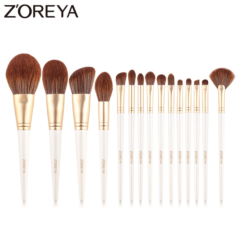 

ZOREYA Brand 15Pcs Professional Makeup Brushes Synthetic Hair Fibers White Make Up Brush Kit Lip Eye Shadow Beauty Tools Set