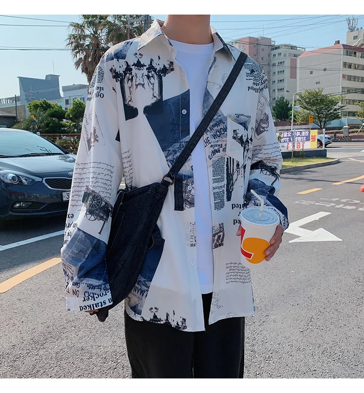 Осенняя мода для мужчин Уличная газета печати рубашки хип хоп с длинным рукавом рубашки Винтаж Кнопка вверх хлопок черные рубашки 5XL