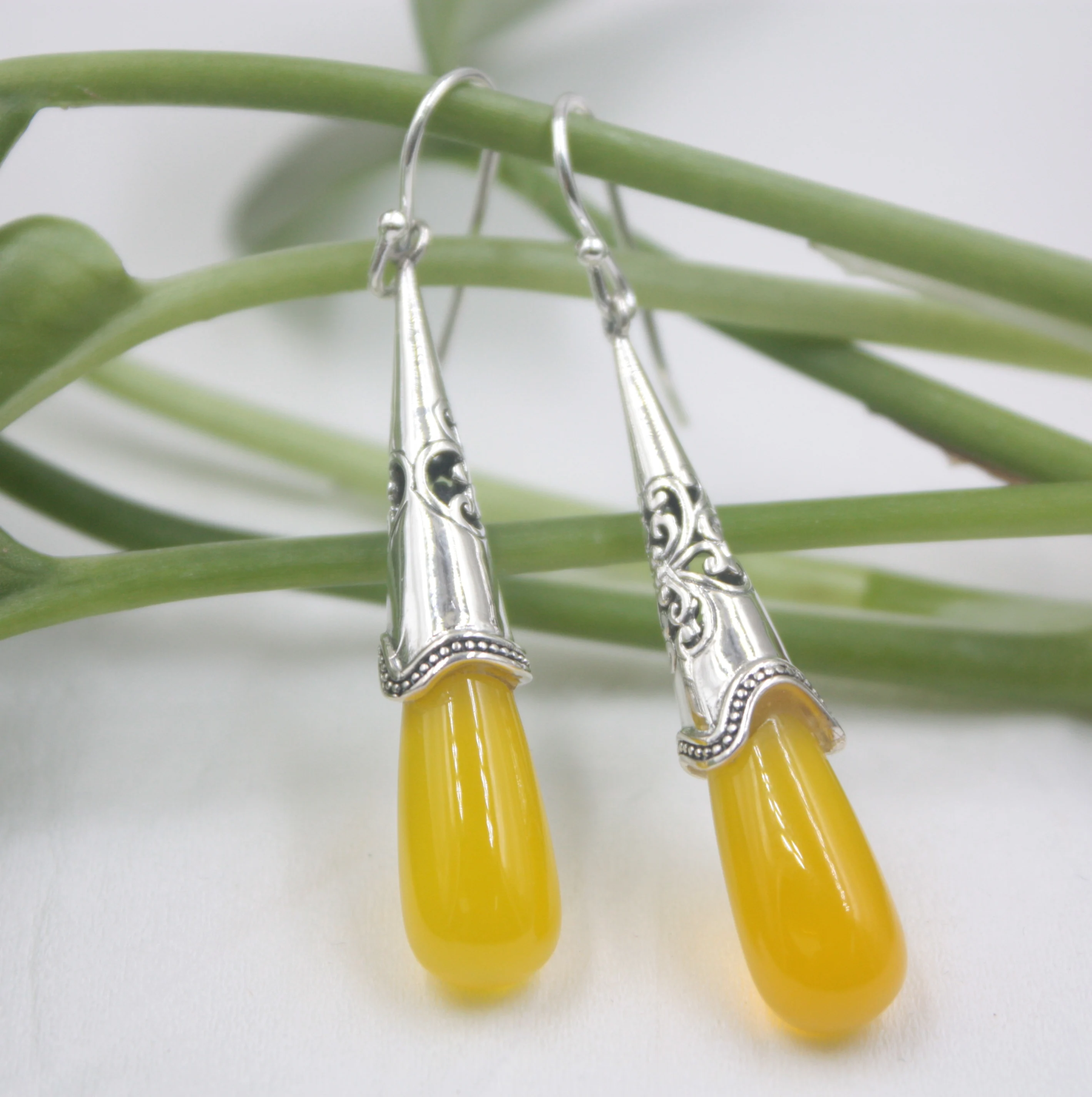 

Real Sterling S925 Silver Dangle Earrings Hook Yellow Chalcedony Long For Women Ladies Girl 52*8mm Earrings Drop
