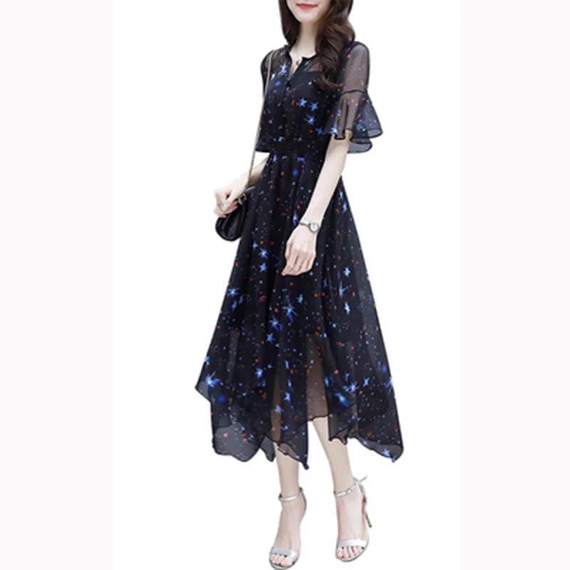 2019 summer new large size women's loose slim slimming starry sky chiffon irregular Mid-length dress A314 | Женская одежда