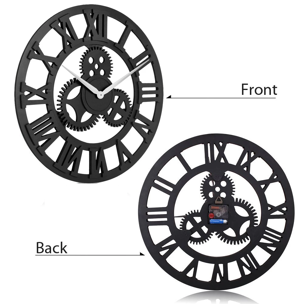 3D ретро деревенский Винтаж деревянный 23 дюйма бесшумные Шестерни настенные часы, в римском стиле-черный