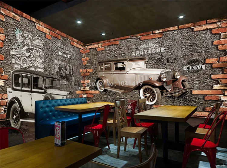 На заказ Настенные обои 3D Ретро Винтаж автомобиль кирпичная стена фрески кафе ресторан КТВ Бар фон обои Декор Papel де Parede