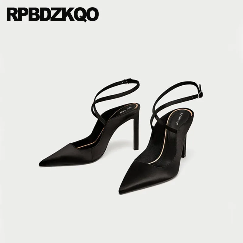 

Cross Strap Size 4 34 Sandals Silk Pumps Stiletto Slingback Black Catwalk High Heels 2018 Ladies Satin Dress Shoes Pointed Toe