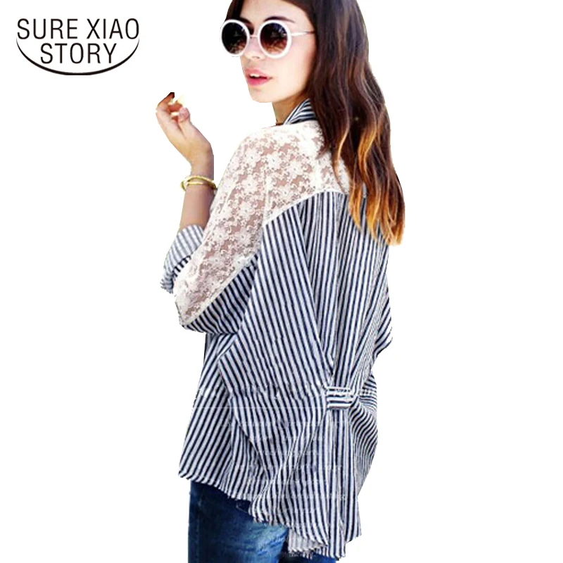 

2019 European style plus size women's clothing shirt top autumn new striped cardigan casual batwing sleeves lace blouse 603E 30