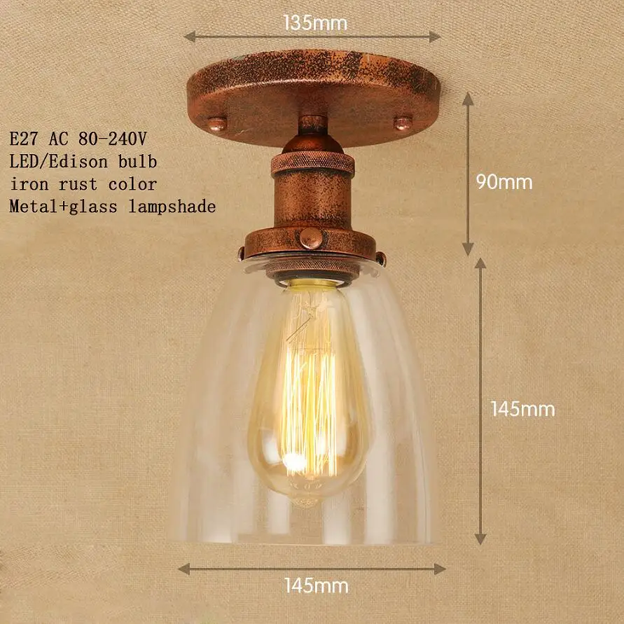 Лофт, винтажный Железный стеклянный абажур, потолочный светильник, светодиодный, E27, AC 110 В, 220 В, современные светильники, плафон, светильник для спальни, гостиной - Цвет корпуса: iron rust