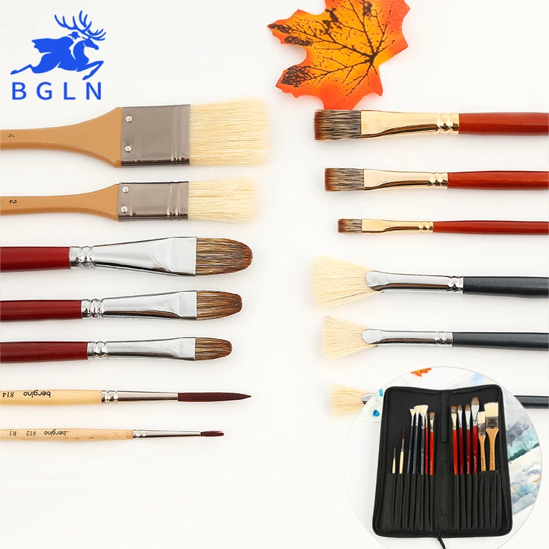 Bgln 13Pcs/Set Bristle&Nylon Hair Professional Oil Paint Brush Flat