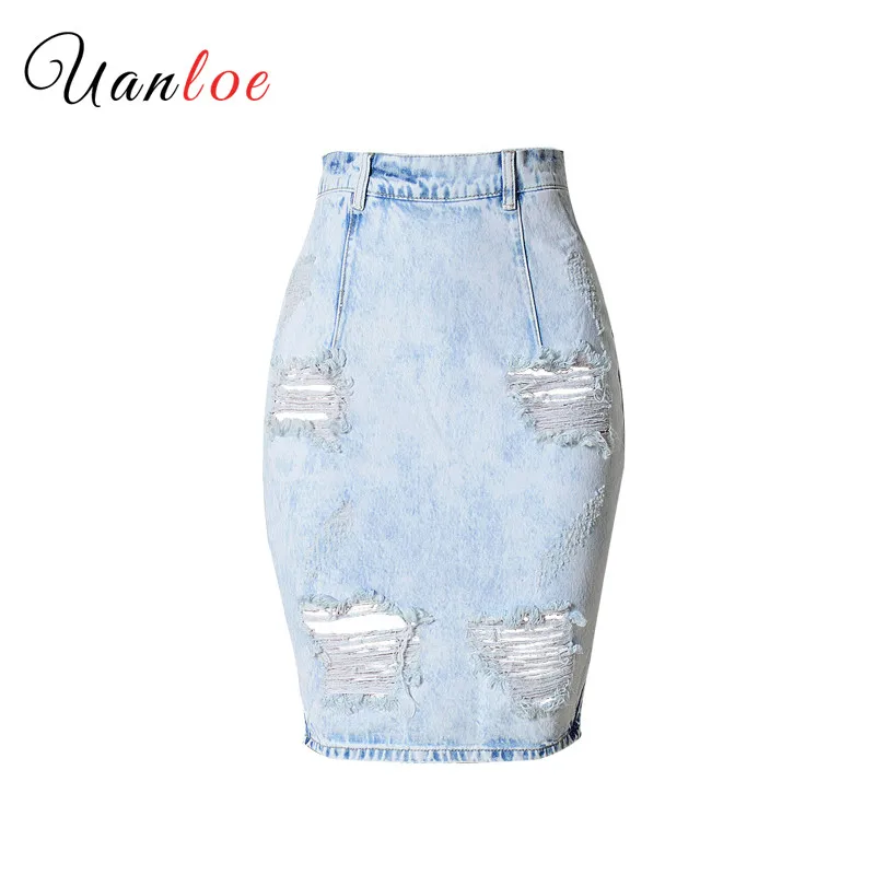 

Women Fashion Cool Denim Skirt Knee Length High Waist Pencil Skirts Womens 2019 Faldas Midi Estampadas Saia Jupe