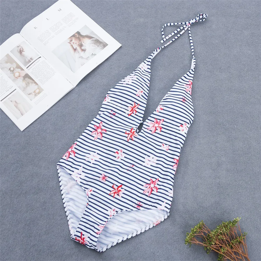 

2019 Sexy One Piece Swimwear Women Sexy Floral Backless Bandage Push-Up Padded Beach Halter Swimwear L326