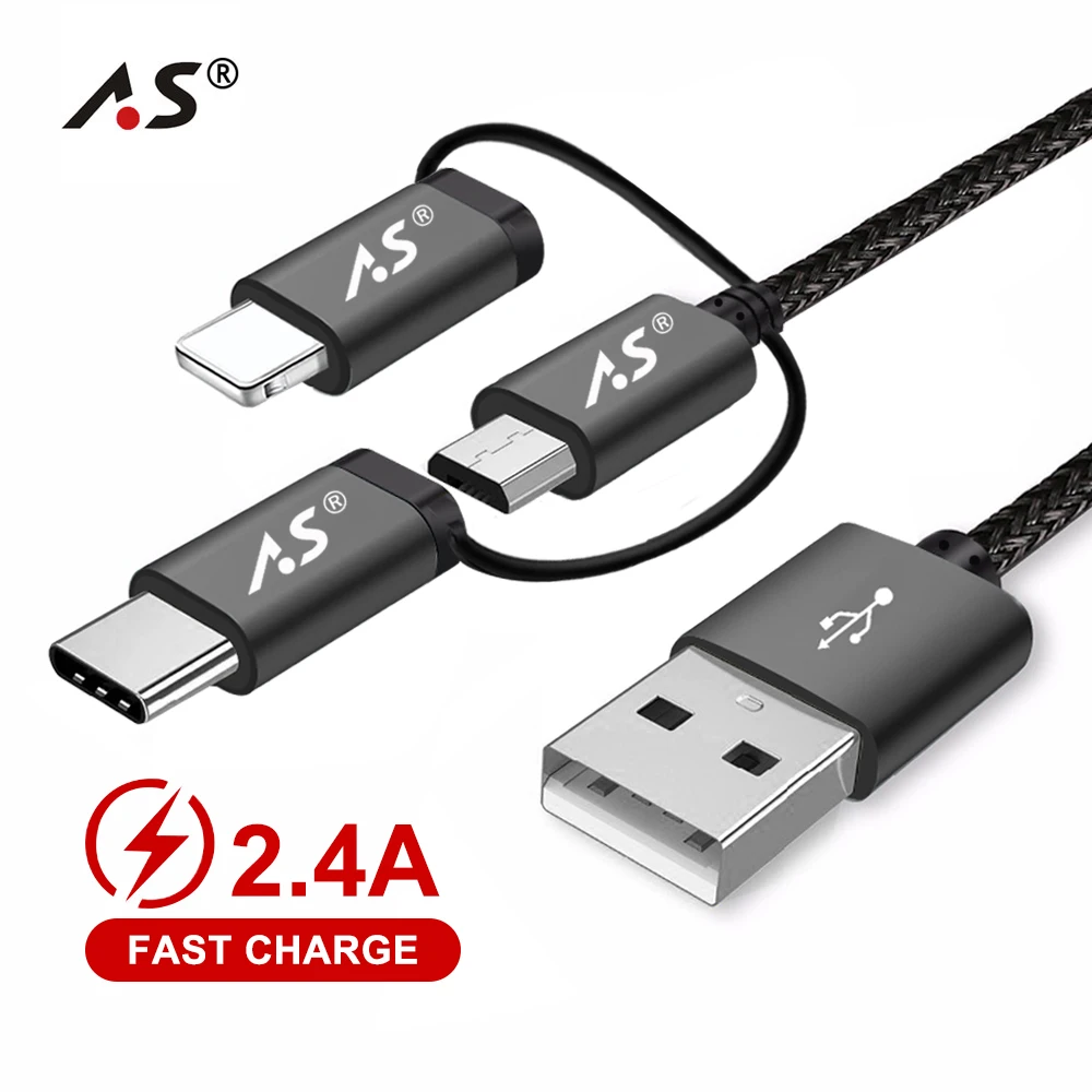 

A.S 3in1 Mobile Phone USB Data Cable for iPhone Micro USB Type C Charger Cable for Xiaomi Huawei Samsung Fast Charging Cable 3M