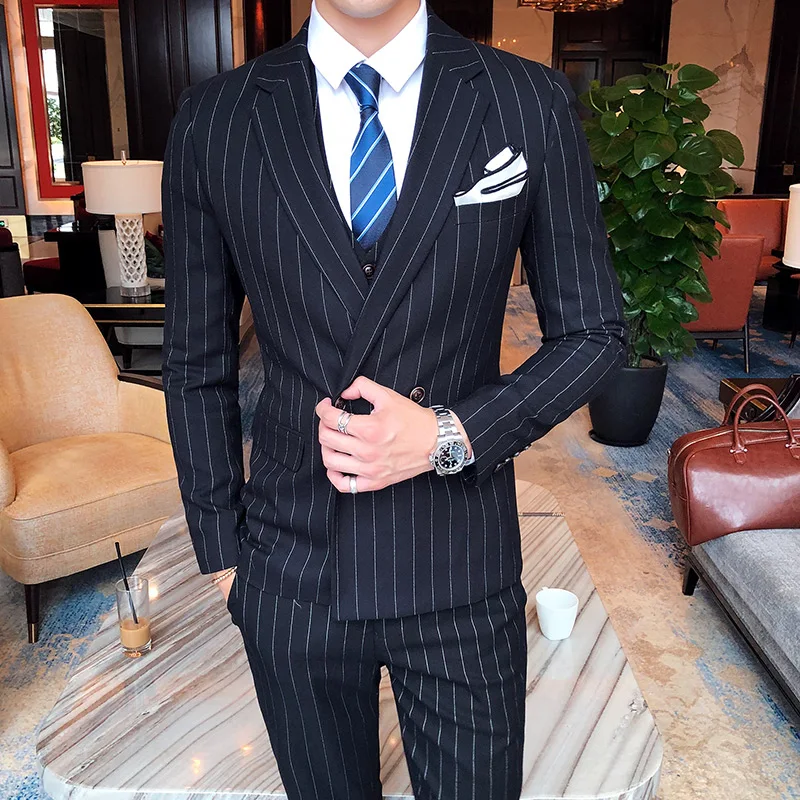 2018 New Striped Bussiness Suits Men (jacket+pants+vest) Double-breasted Slim Fit Party Wedding Dress Suit 