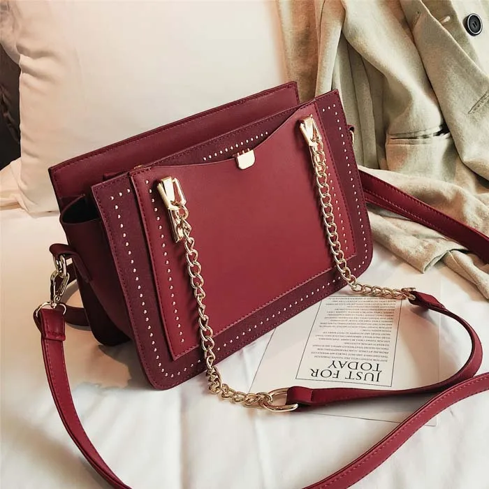 Роскошная женская сумка с заклепками, дизайнерская брендовая сумка с металлической цепочкой, Повседневная сумка через плечо из искусственной кожи - Цвет: Красный