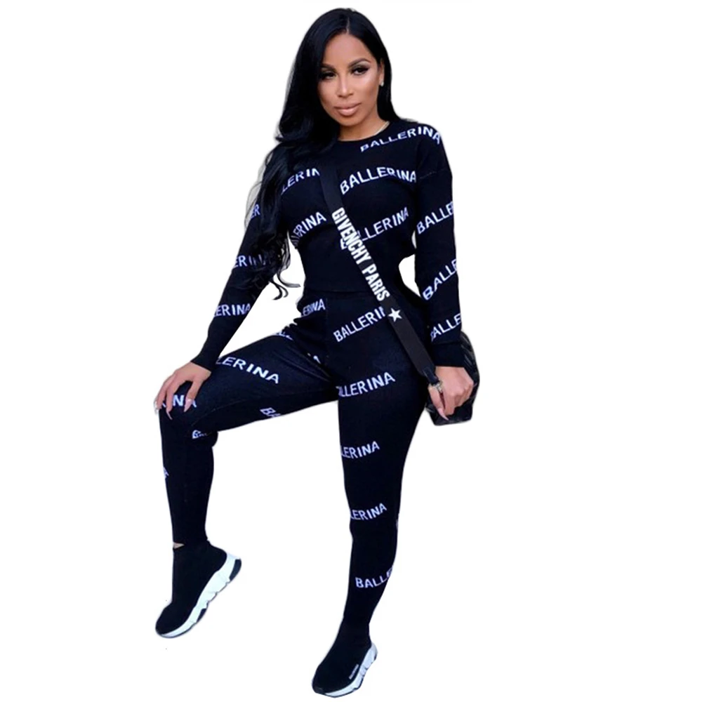 

2018 New Fashion Long Sleeve Printed Women's Tracksuits O-Neck Sweatshirt + Long Pants 2 Piece Women Set
