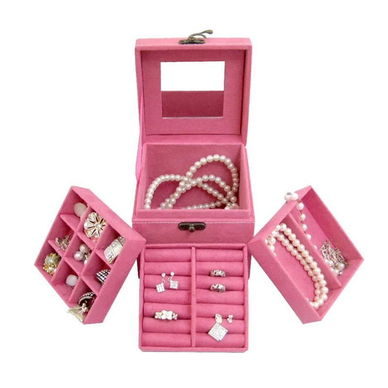 

3-Layer Jewelry Box For Organizer Lockable Storage Ring Makeup Dressing Case With Built-in Mirror Jewellery Cabinet Display