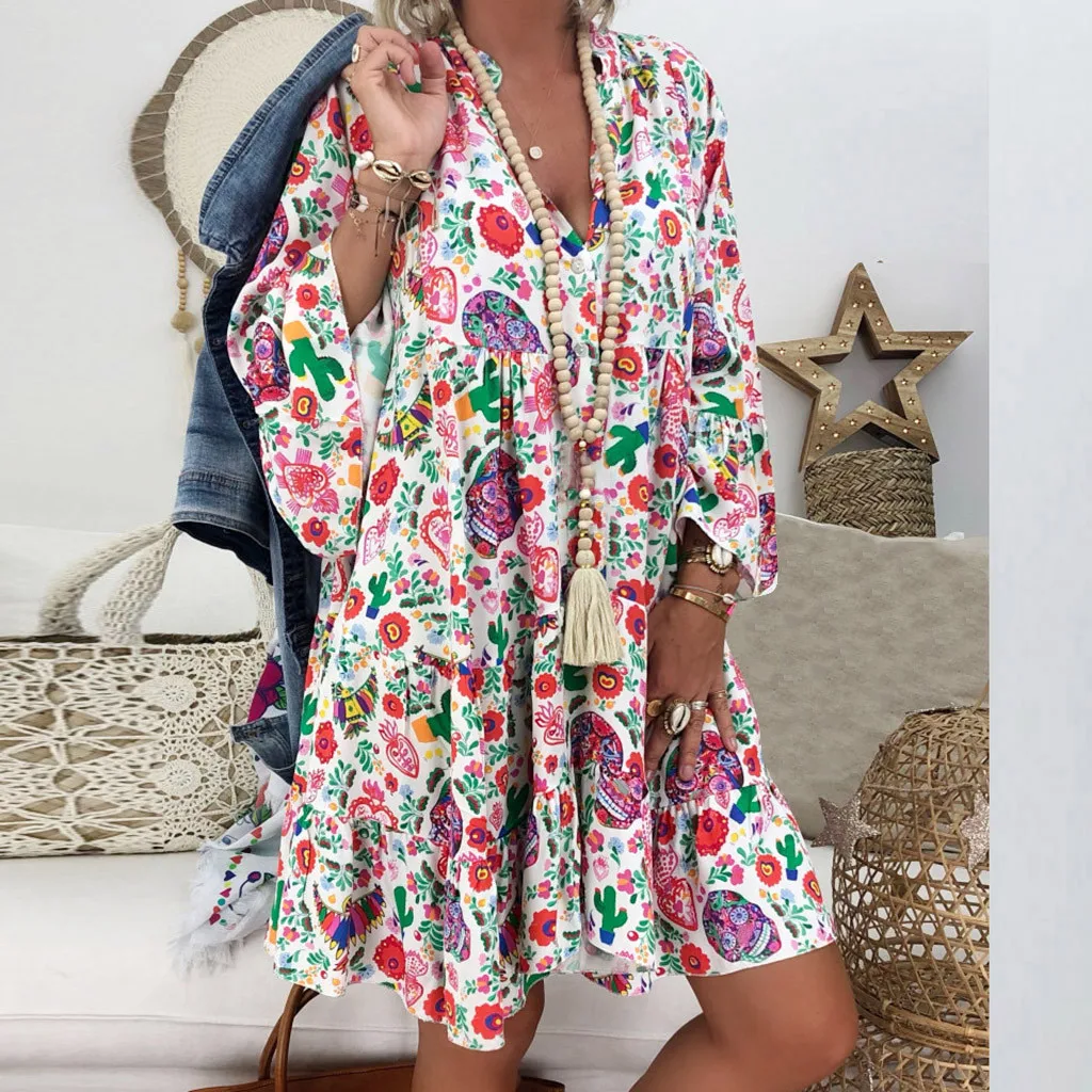 

Loose Plus Size Dress Women Floral Print Boho Three Quarter Sleeve Mini Dress Casual Summer Dress A-Line Robe Femme Vestidos