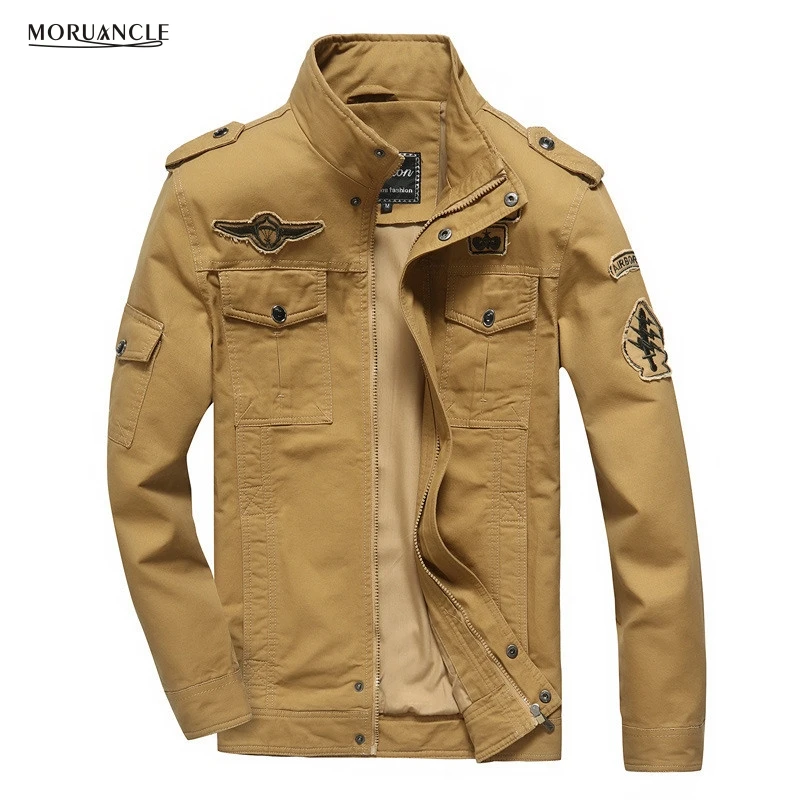 

MORUANCLE Men's Casual Bomber Jackets Spring Autumn Military Style Cargo Jacket Coat With Patches Plus Size M-6XL Khaki Black