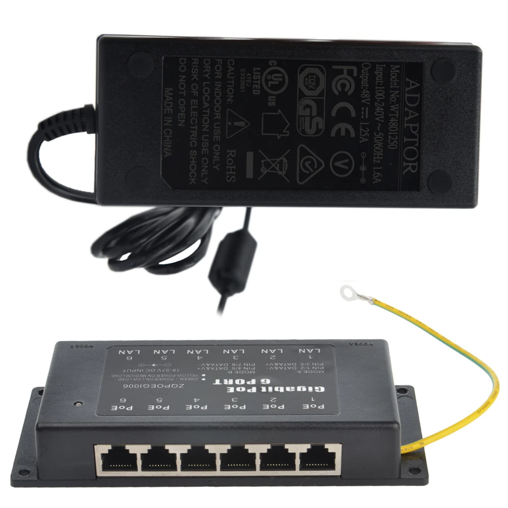 

Wall mount 6 Port Gigabit Power over Ethernet PoE Injector GPOE-6-48v60w Power IP Camera