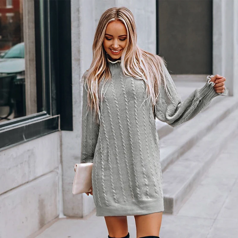 

NLW Knitted Sweater Dress Women Turtleneck Long Sleeve Short Dresss 2019 Autumn Winter Ruffle Long Sleeve Twist Mini Dress