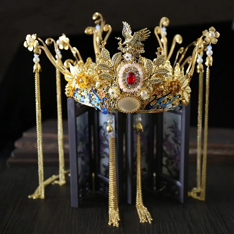 

FORSEVEN Chinese Bride Bridal Wedding Hair Jewelry Sets China Gold Phoenix Flower Tiaras Crown with Tassels Dangle Earrings