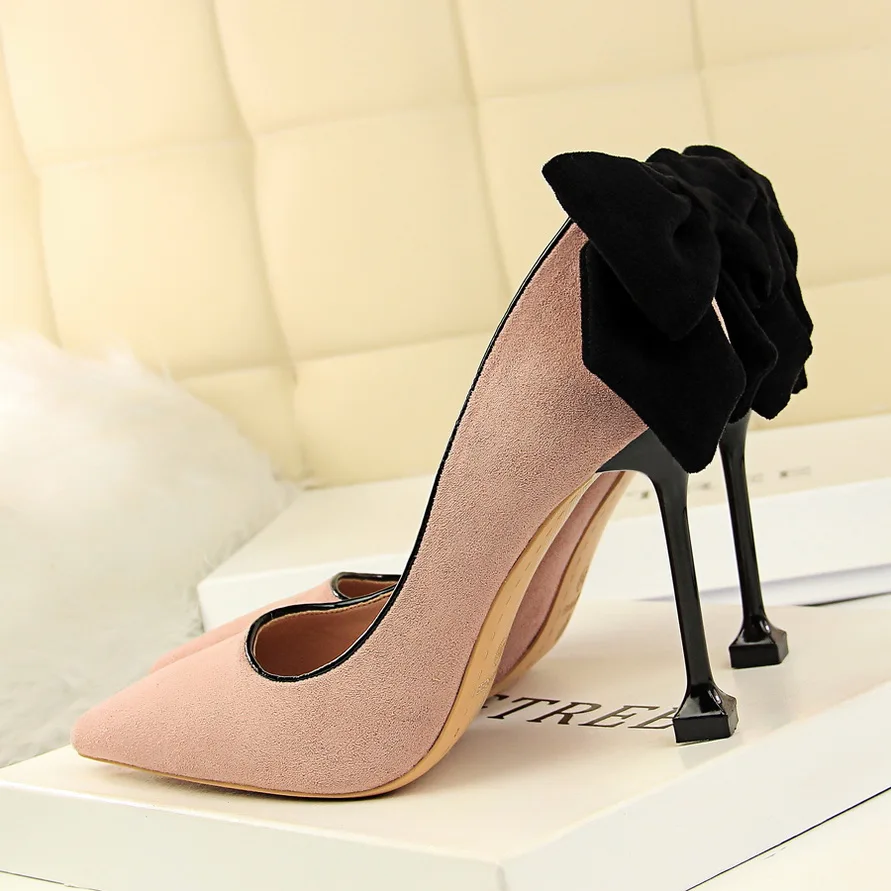 

Spring Sexy Thin High Heels Shoes Back Sweet Bow Suede Pointed Shallow Women High-heeled Pumps Female Single Shoes G17175-2