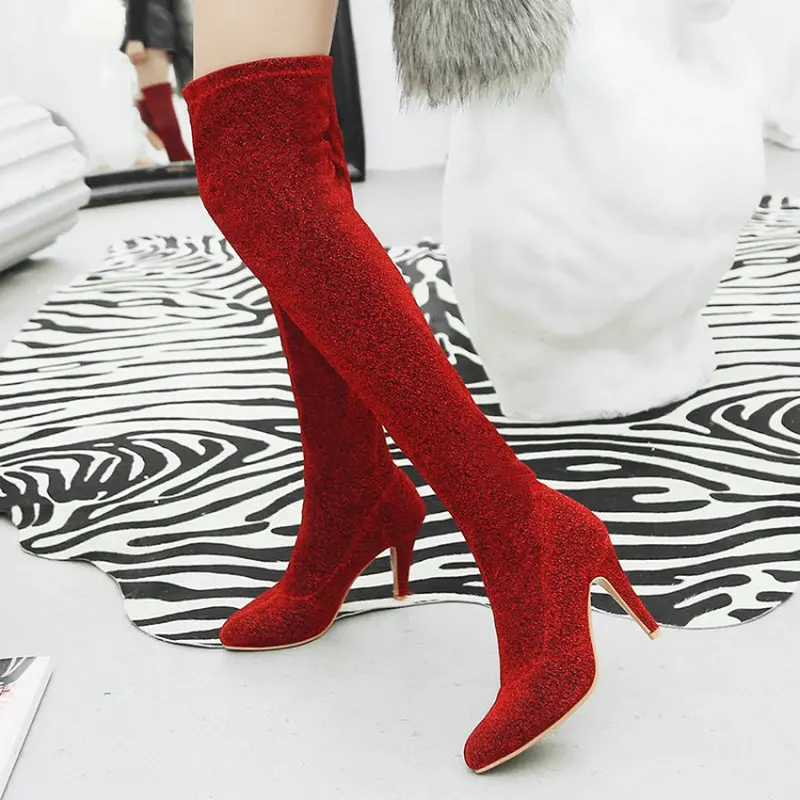 Sianie Tianie/пикантная блестящая тянущаяся ткань на тонком высоком каблуке; цвет синий, красный, серебристый; ботфорты выше колена; женские высокие ботинки