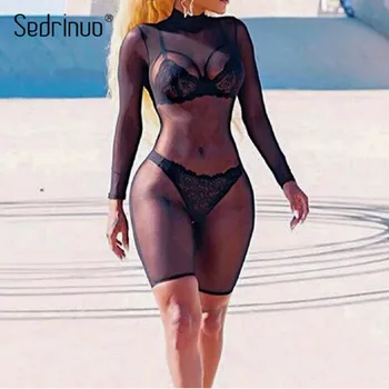 Sedrinuo Women Jumpsuit Sexy Romper Black Mock Neck Long Sleeve Back Mesh Bodycon Mid length See though Jumpsuits Sexy Playsuit mock neck tie open back flare leg jumpsuit