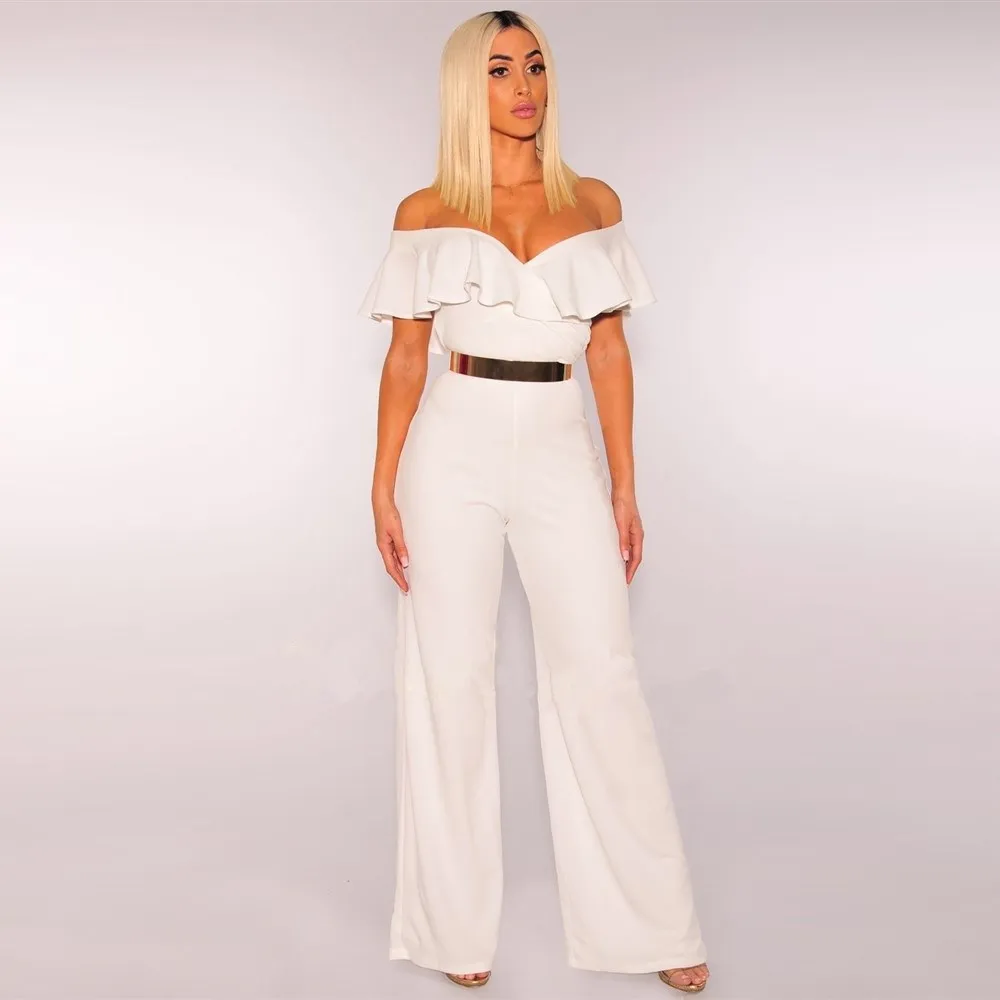 Elegant Ruffle Summer Jumpsuit Women Belt Sexy Off Shoulder Jumpsuit Overalls Loose Streetwear Wide Leg Pants Jumpsuits
