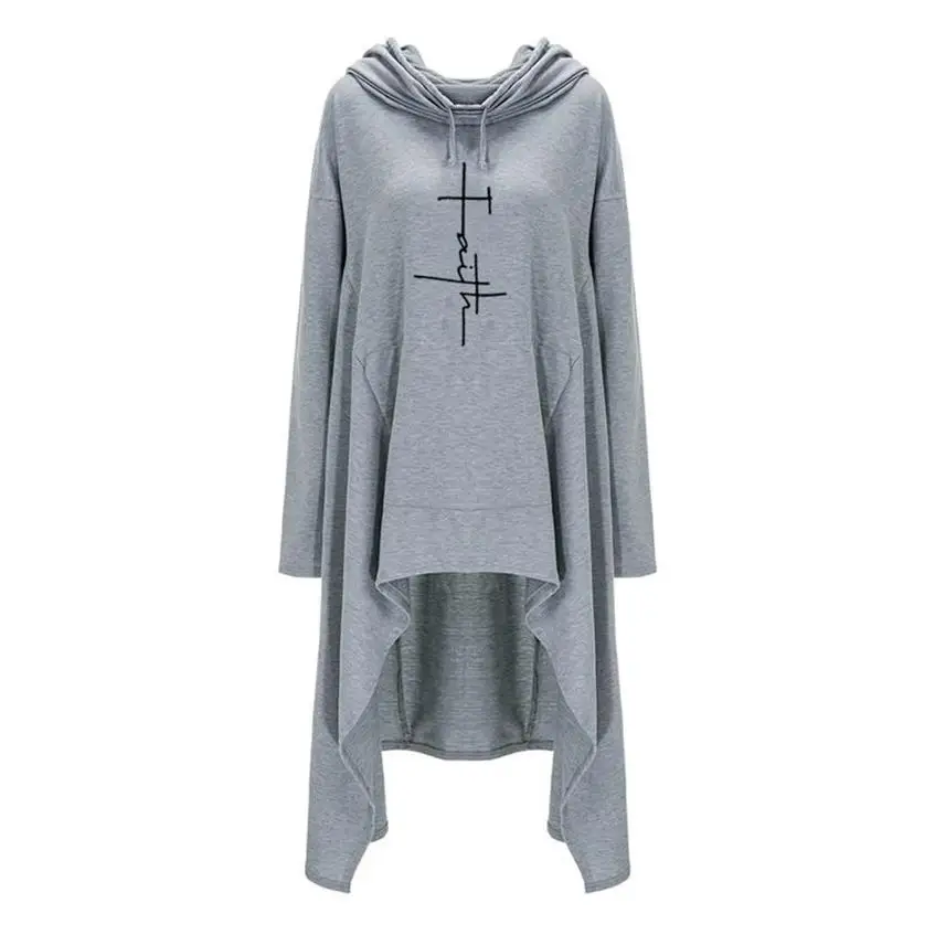 Hoodies For Women Long Irregular  Faith Letters Print Hoodies Women Tops Kawaii Casual Cotton Pattern Loose Comfortable Creative