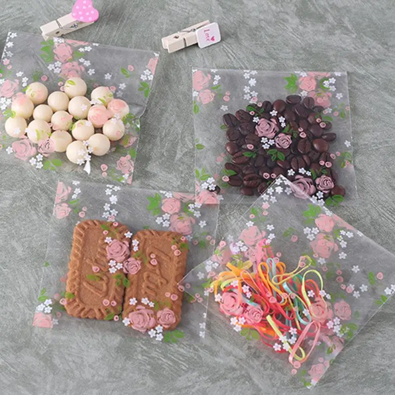 

100pcs Plastic Transparent Cellophane Rose Pattern Candy Cookie Gift Bag with DIY Self Adhesive Pouch Wedding Birthday Party #19