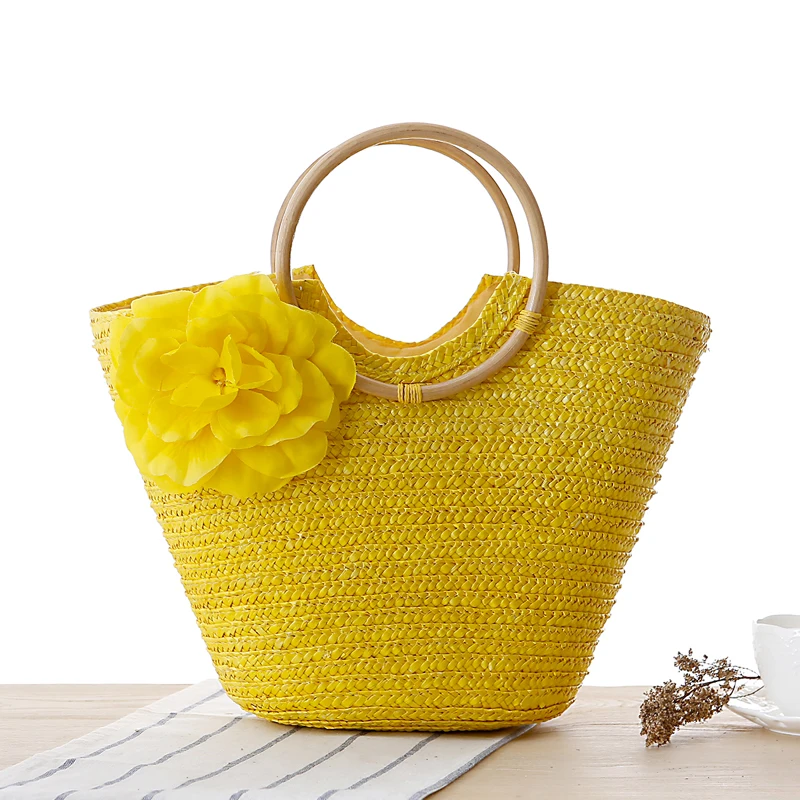 2016 Knitted Straw Bag Summer Flower Bohemia Fashion Women s Handbags Color Stripes Shoulder Bags Beach