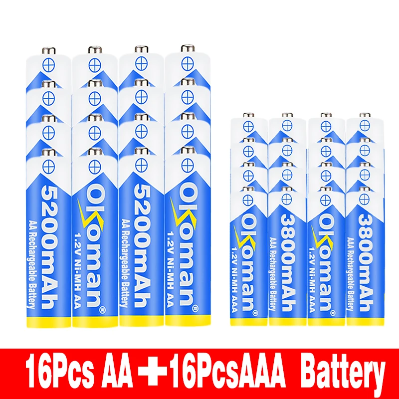 Okoman Высокое качество 5200 мАч NI MH AA Аккумуляторы+ AAA батарея 3800 мАч перезаряжаемая батарея NI-MH 1,2 В AAA батарея - Цвет: Синий