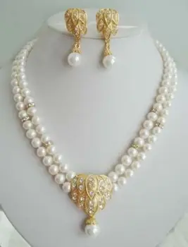 

Wholesale price 16new ^^^^Charming 2 Rows 9-10mm White Shell Pearl Necklace Earrings Jewelry Set 2 Choices