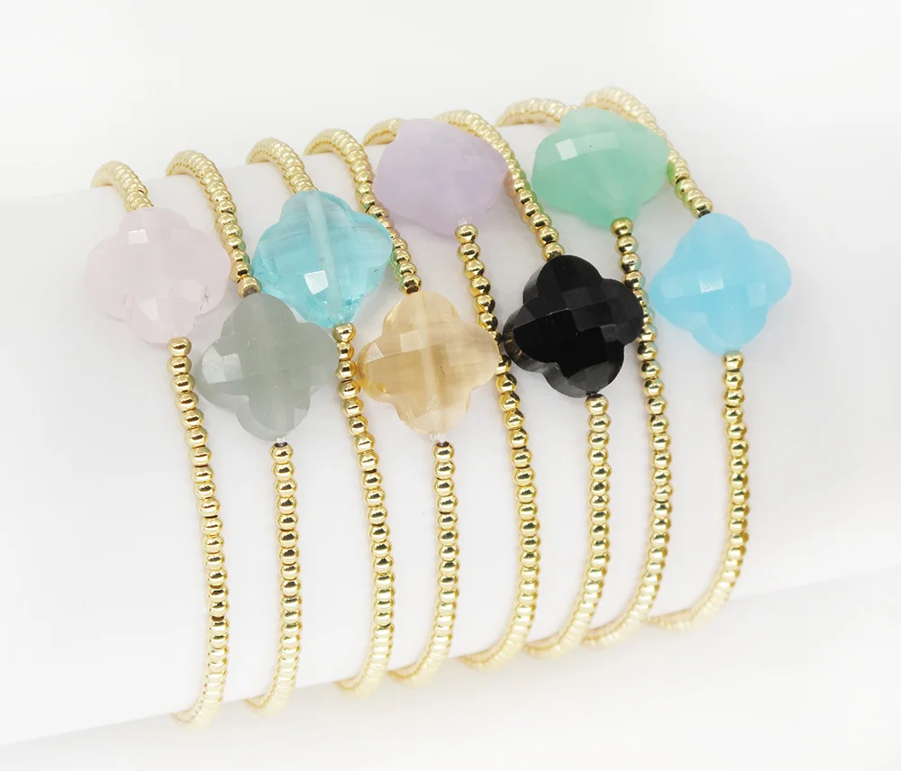 

Beautiful 2.5MM Elastic Bead Luckly Four Leaf Clover Crystal Bracelet For Women 12 Colours