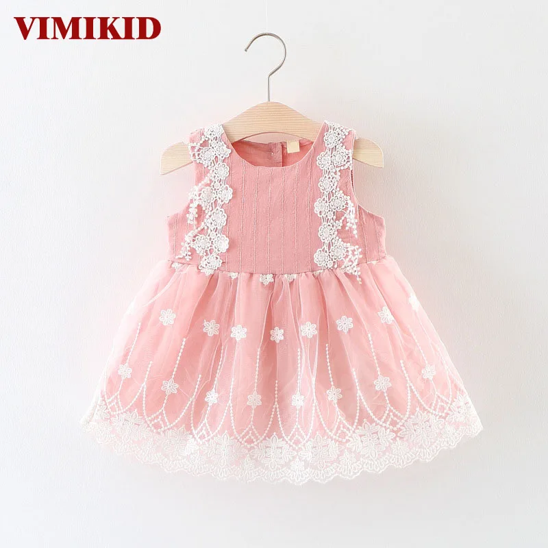

VIMIKID 2017 new summer baby girls dress sleeveless o-neck lace mesh A-Line dress lovely kids clothes cotton children clothing
