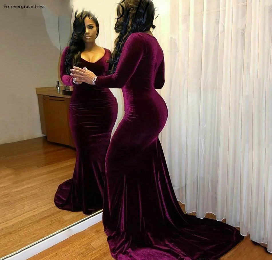 Sexy Plus Size Velvet Prom Dresses 2018 for Black Girls Long Sleeves Mermaid Sexy V-neck Formal Party Dress Court Train Long Evening Gowns  121 (2)