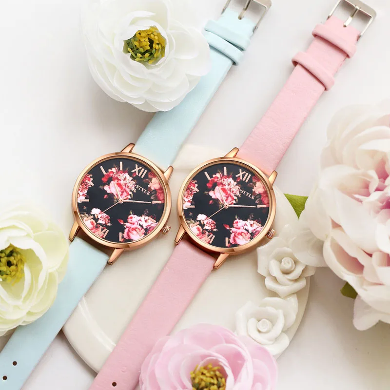 

Fashion Women Watch Floral Faux Leather Band Analog Quartz Dial Wrist Watches