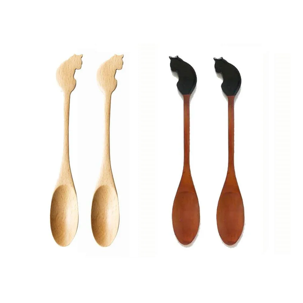 Cute Cat Wood Spoons Wooden Soup Spoon Long Handle Coffee Tea Drink Bar Cocktail Stirrer Mixing Eco Friendly Natural Ellipse Wooden 4 Pieces5