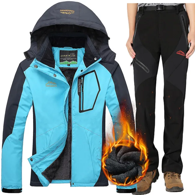 Зимний теплый лыжный костюм для женщин, для улицы, водонепроницаемый, ветрозащитный, для снега, сноуборд, куртка и штаны, Женский термальный лыжный комплект одежды - Цвет: Moon blue    Black
